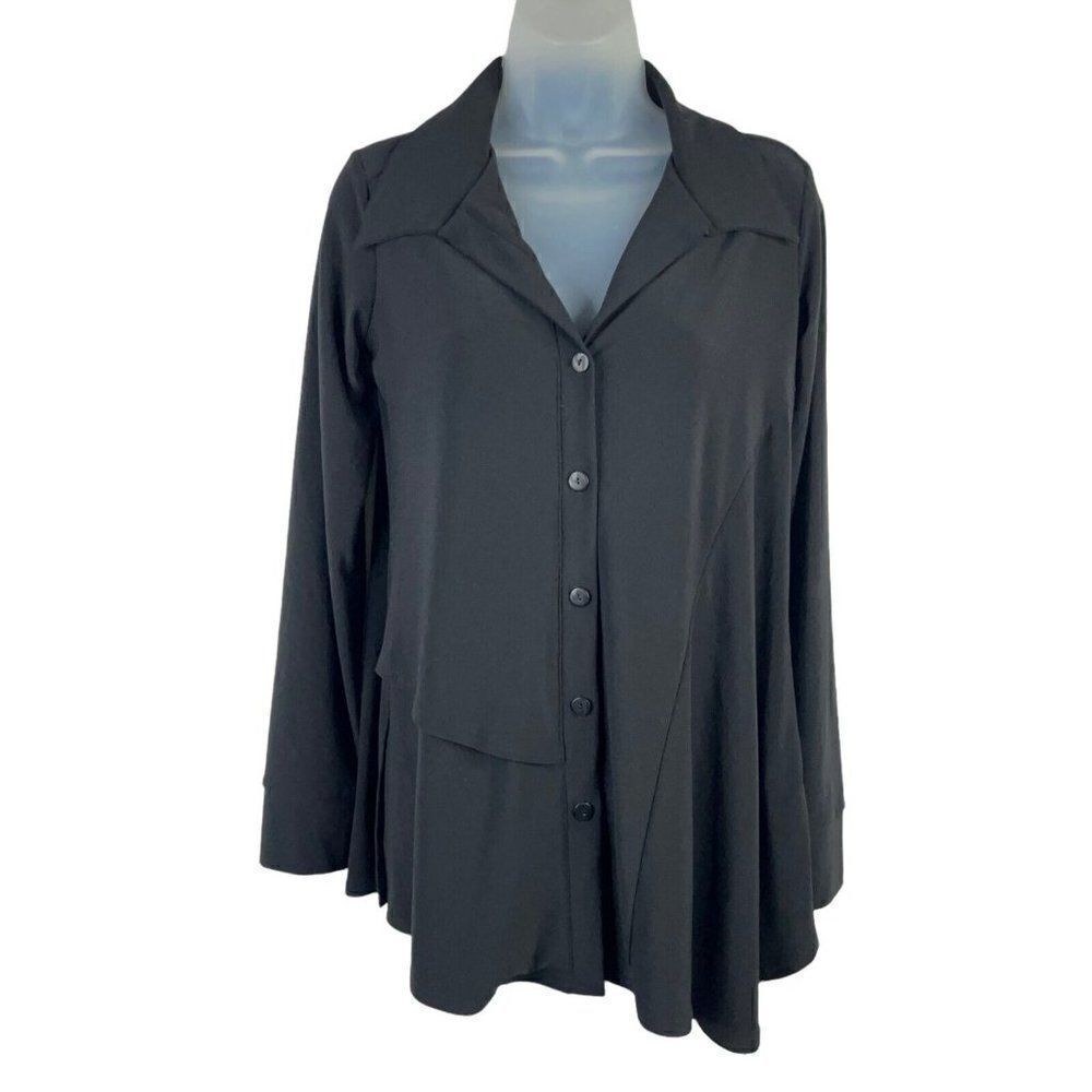 Sympli Button Down Shirt Women's Size 4 Black Asymmetrical Lagenlook Slinky